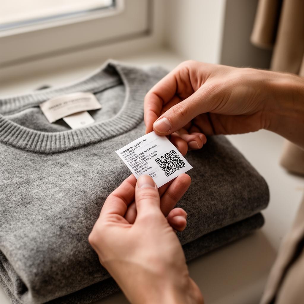 Etiqueta con QR sobre prenda de lana gris