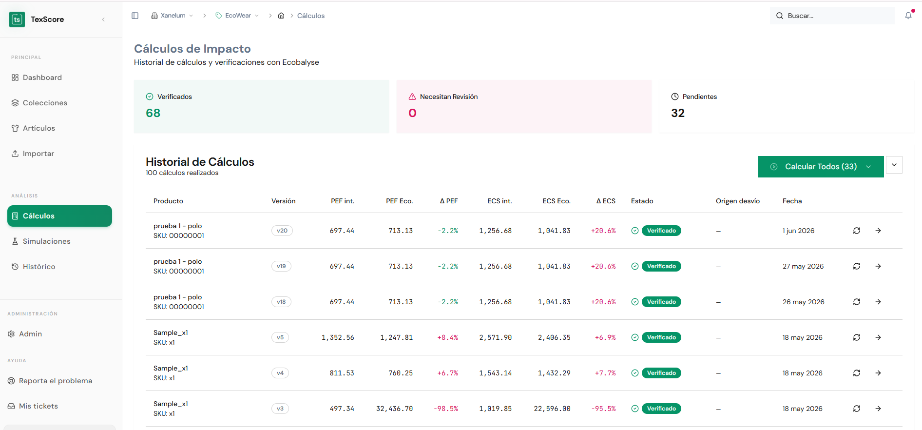 Pantalla de Cálculos de Impacto en TexScore con historial, verificados y pendientes